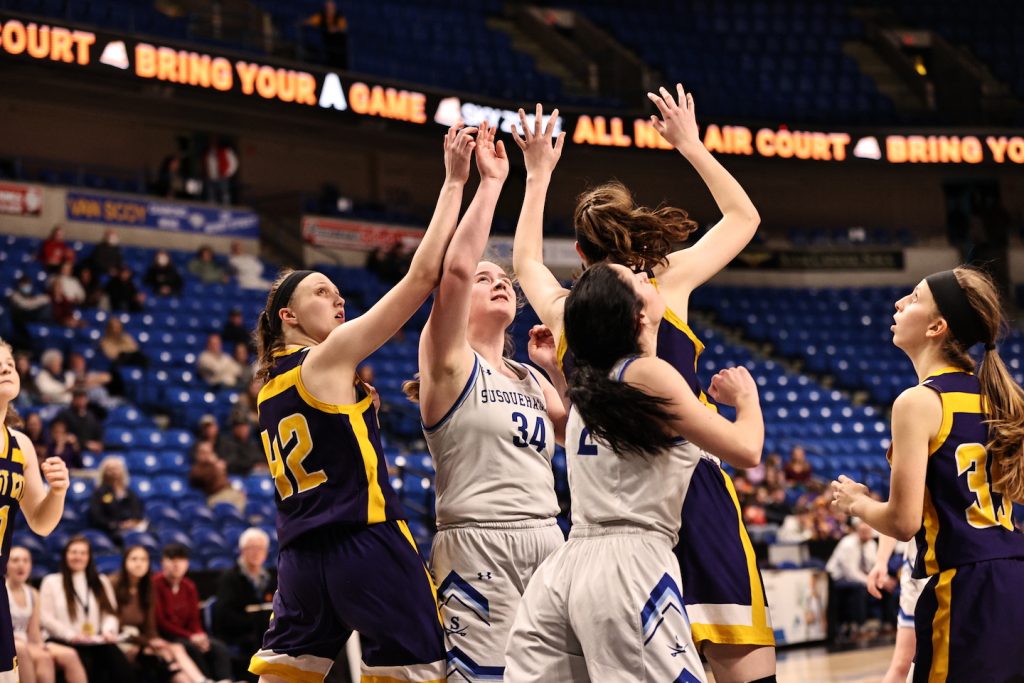 Susquehanna's Meghan Kiernan (34) had a double-double in the District 2 Class A final. (Tim Drewes Photo)